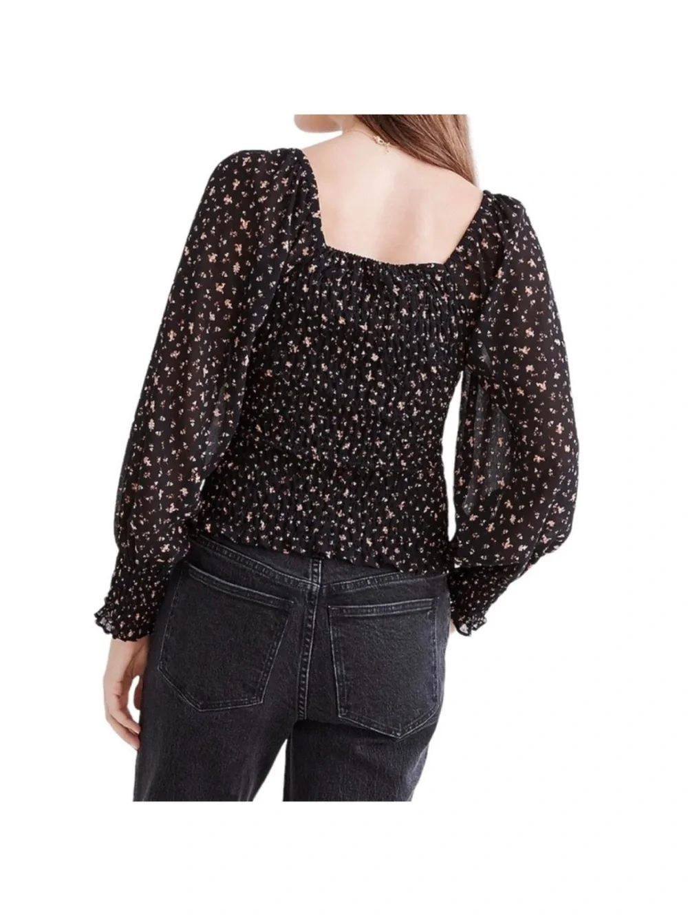 Madewell black Floral Smocked Square-Neck Top size 6